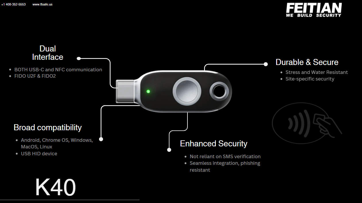 FEITIAN ePass FIDO2 FIDO U2F USB-C + NFC Security Key (K40)