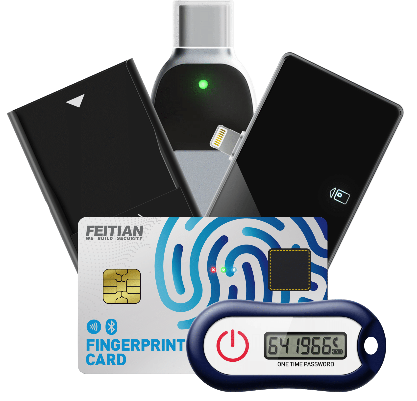 FEITIAN-Product-Medley-with-a-FIDO-MFA-passkey-2-smart-card-readers-an-OTP-token-our-biocard-a-biometric-smart-card